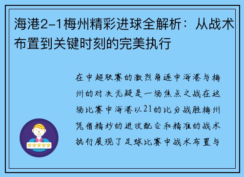 海港2-1梅州精彩进球全解析：从战术布置到关键时刻的完美执行